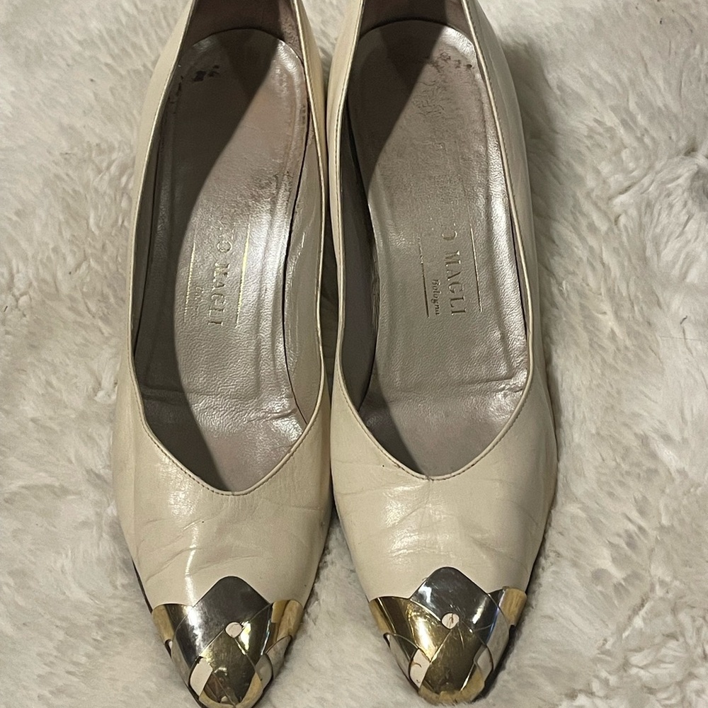 Taryn Rose Cream Leather Pumps with Gold Accents